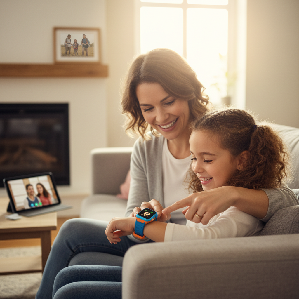 Parent and child looking at kids smartwatch together