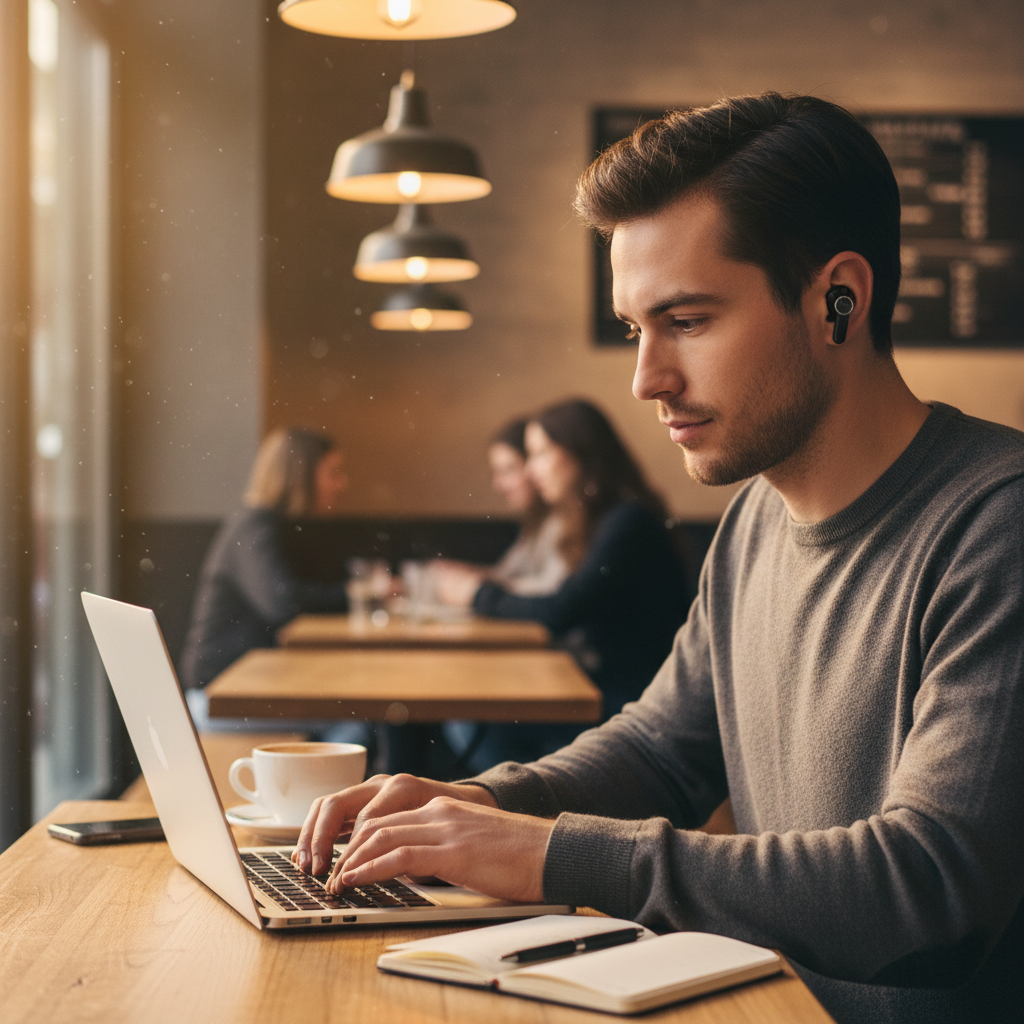 Lifestyle shot - person wearing earbuds at a café