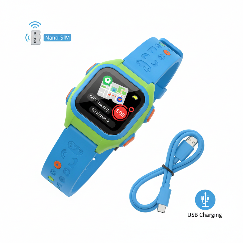 Kids smartwatch flat lay on white background