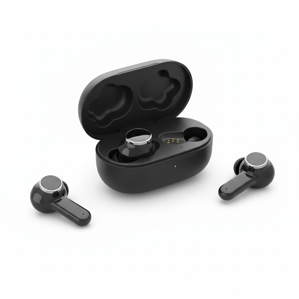 Flat lay - earbuds and charging case on white background