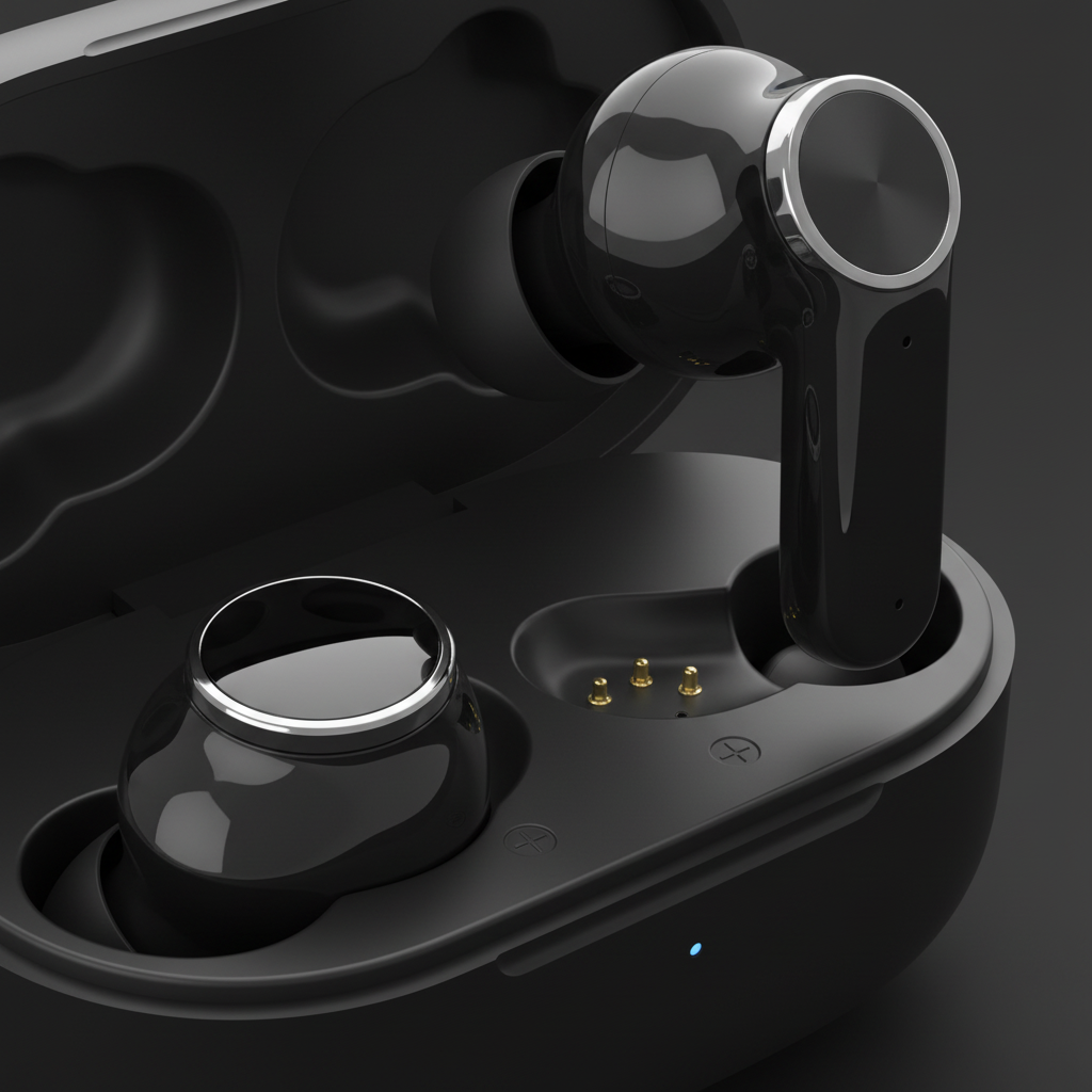 Close-up detail shot of earbuds on dark background